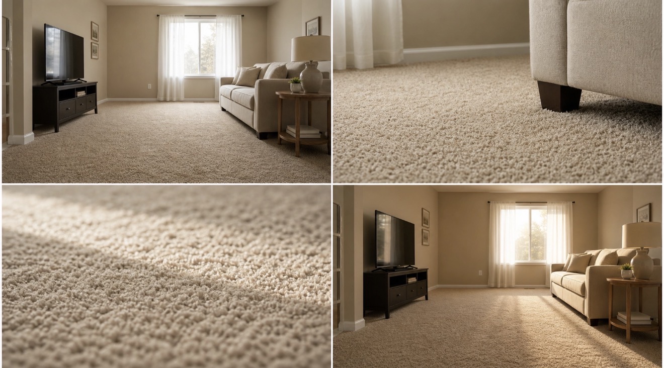 Four views of a beige living-room carpet and its fibers beside a sofa
