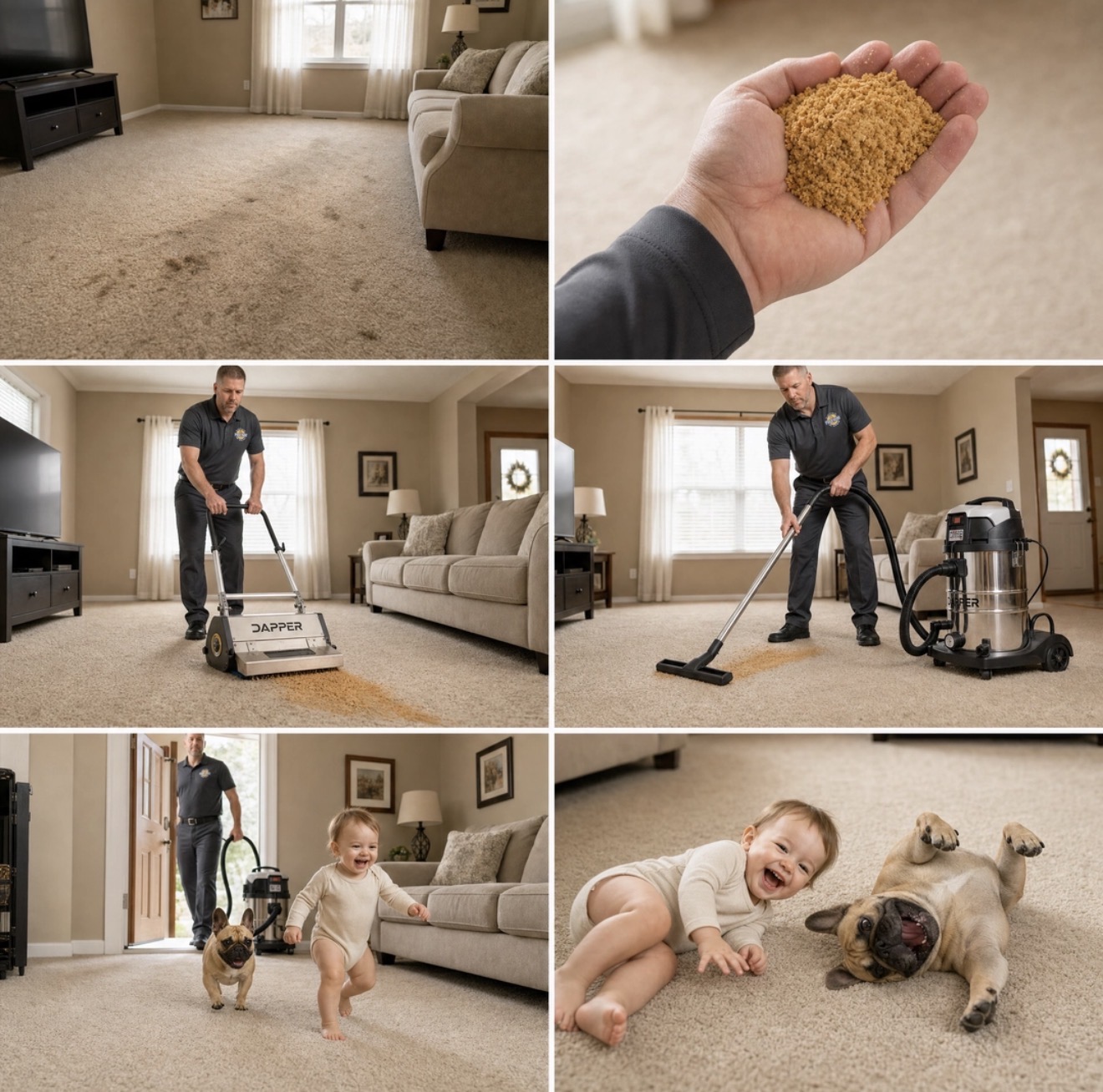 Carpet cleaning photo sequence showing dry compound, brushing and vacuuming in a living room