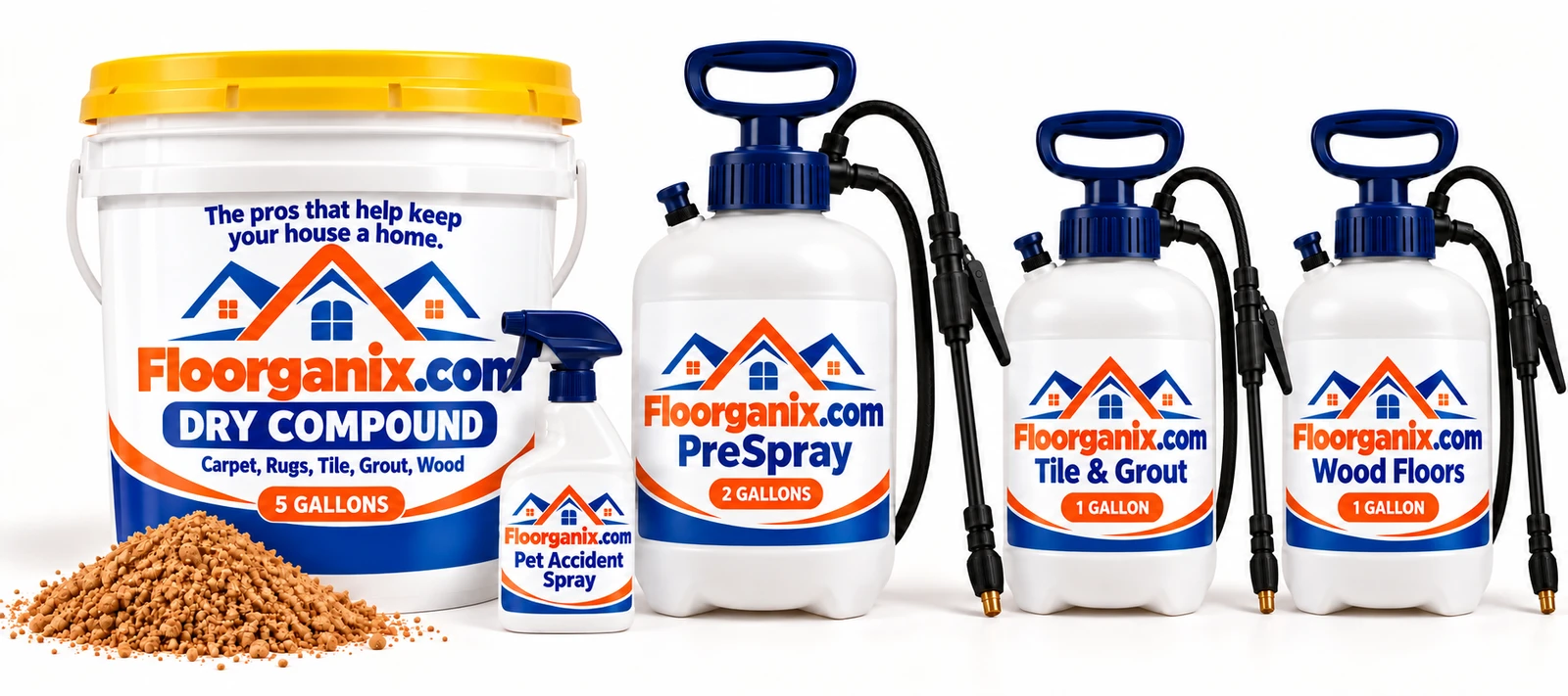 Floorganix DryCarpet Cleaners Dry Compound, PreSpray, Pet Accident Spray, Tile & Grout, and Wood Floors products with blue-and-orange house-logo labels