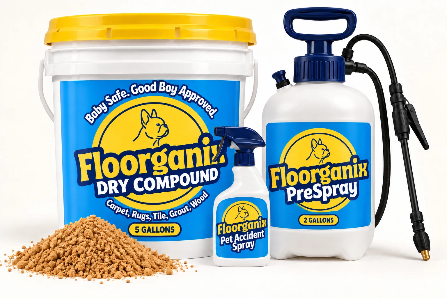 Floorganix DryCarpet Cleaners Dry Compound bucket, PreSpray sprayer and Pet Accident Spray bottle with dry cleaning compound in the foreground