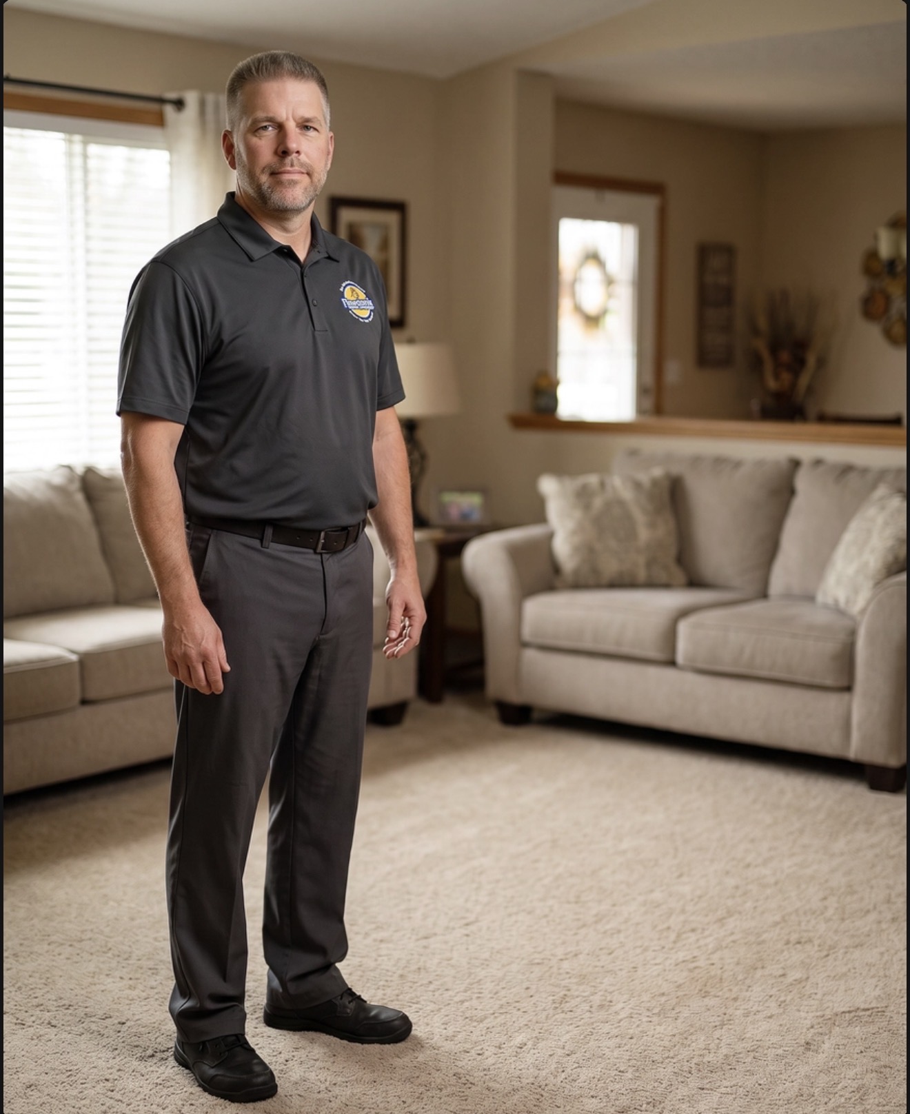 A Floorganix DryCarpet Cleaners professional standing ready in a clean living room, wearing a branded uniform.