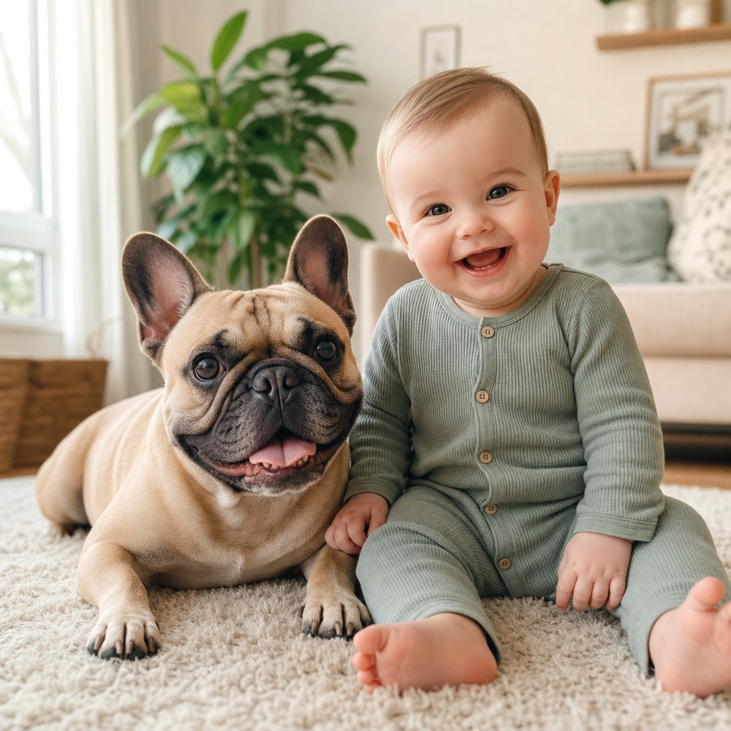 A baby sitting on a rug beside a French bulldog in a living room